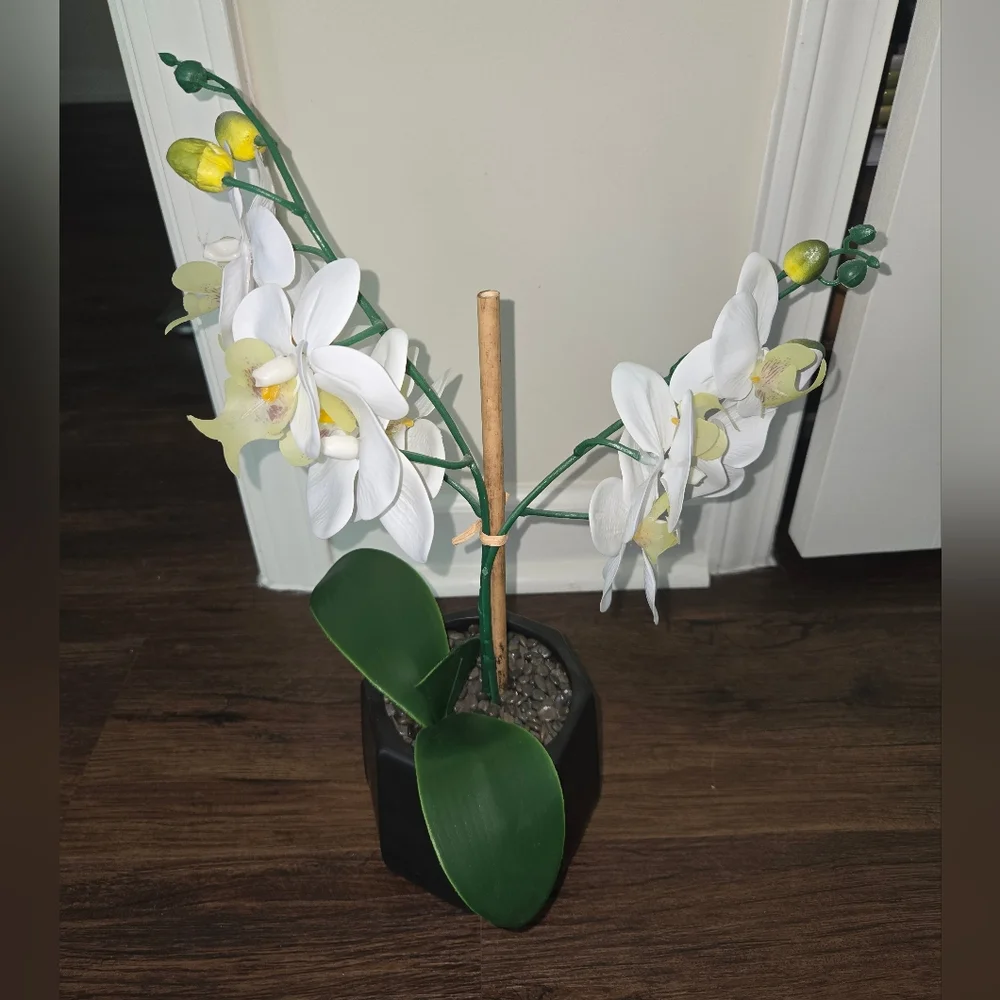 Elegant White Faux Orchid in Black Pot